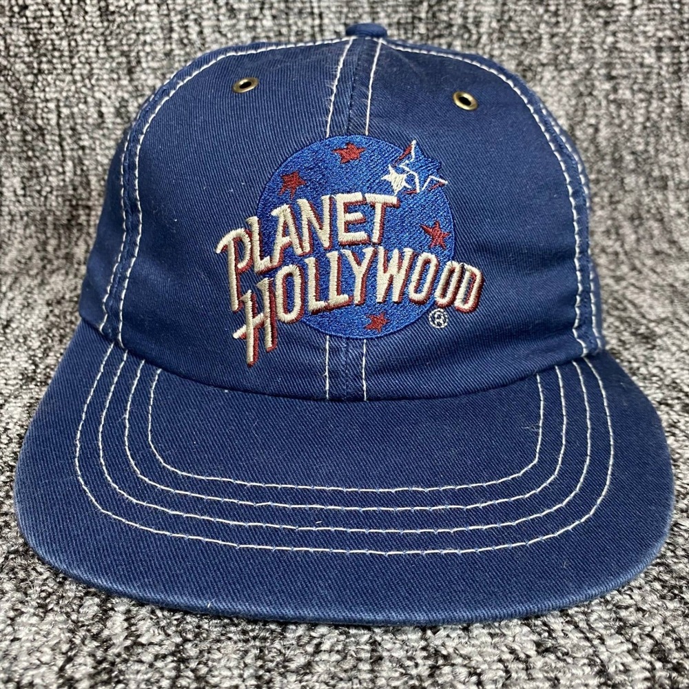 Vintage 1995 Planet Hollywood Hat Navy Blue White Contrast Stitch Leather Strap